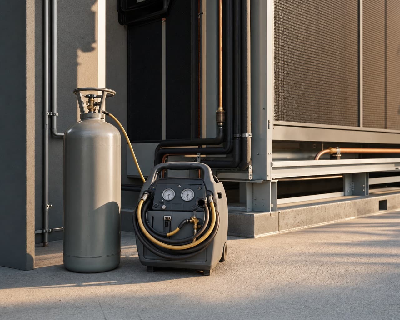 Cilindro de fluido refrigerante e recolhedora portátil, com mangueiras organizadas